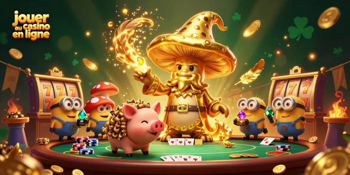 Jouer au casino en ligne avec un magicien champignon doré et des éléments de jeu vibrants.