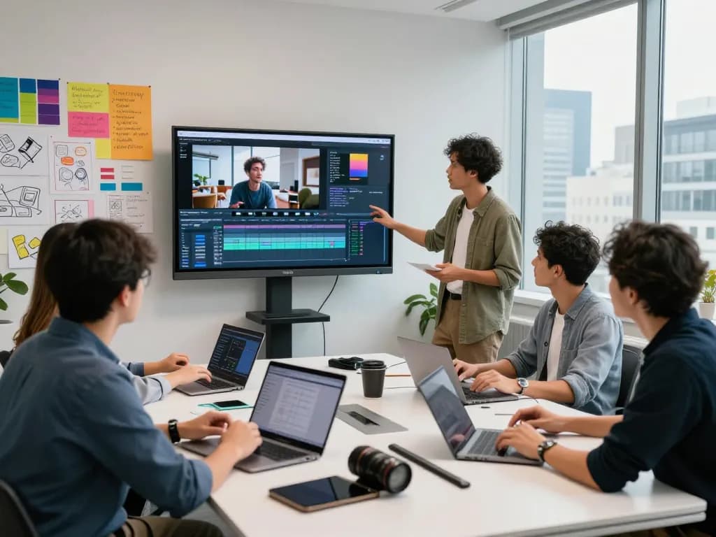 Team collaboration in a tech workspace using a video to promptgenerator with laptops and large screens for video analysis.