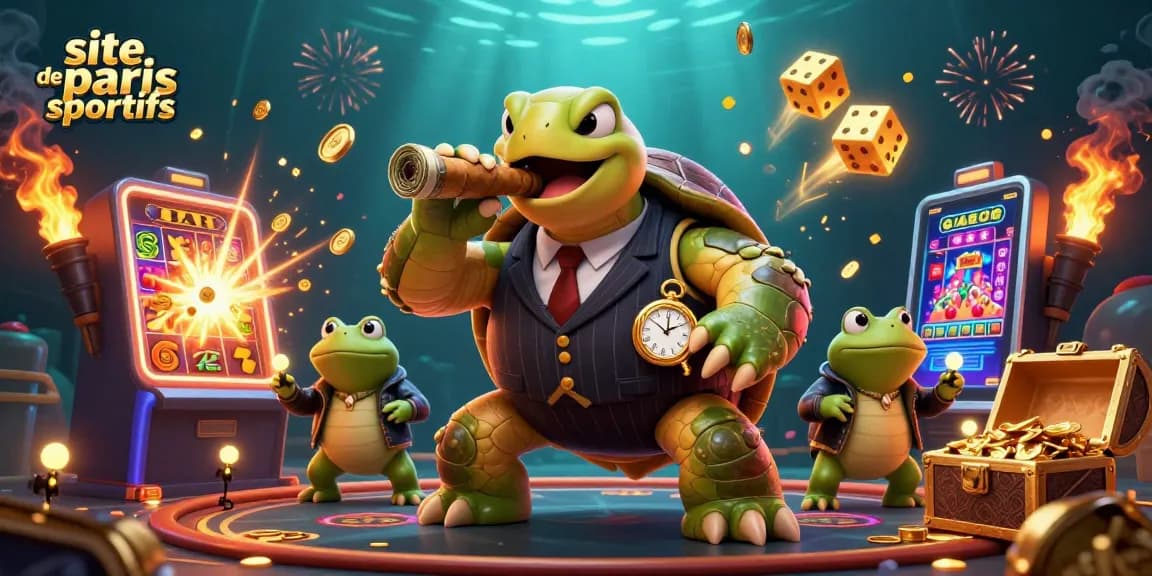 Scène dynamique du site de paris sportifs avec une tortue en costume entourée de grenouilles et de machines à sous.