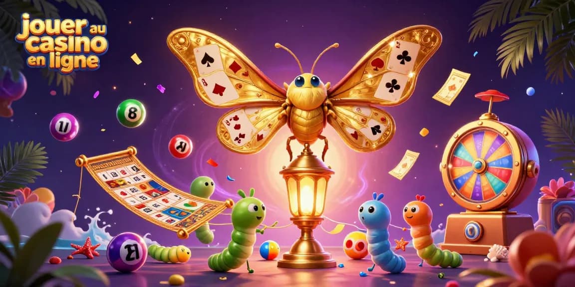 Jouer au casino en ligne avec un papillon atlas aux ailes dorées entouré d'éléments de loterie vibrants.
