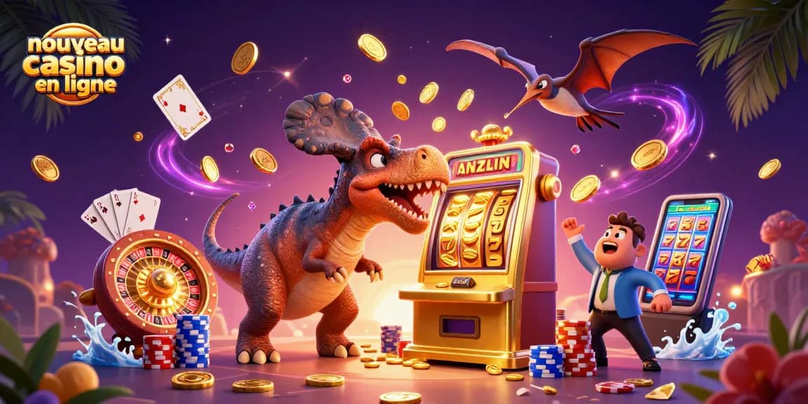 Jackpot de machine à sous au nouveau casino en ligne avec des personnages 3D amusants et des pièces dorées volantes.