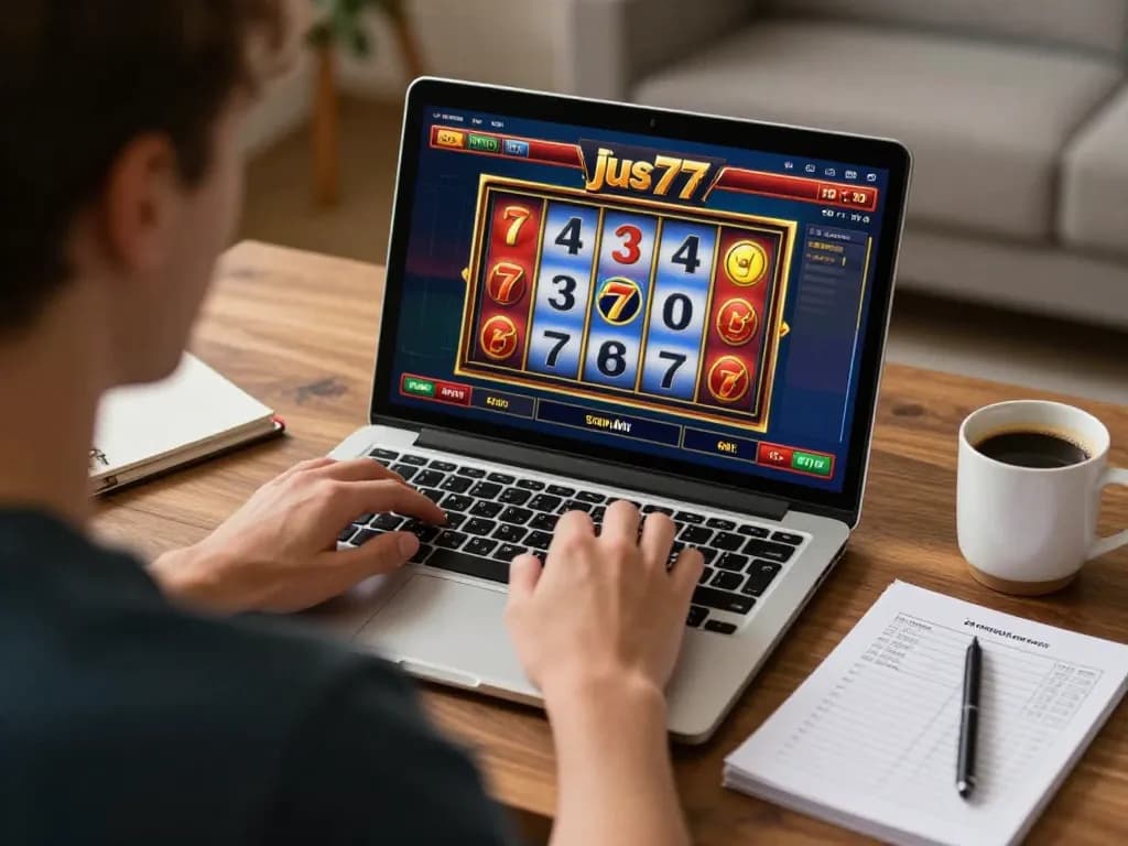 Engaged player exploring slots on jus77 online casino interface at home, showcasing strategic gaming.