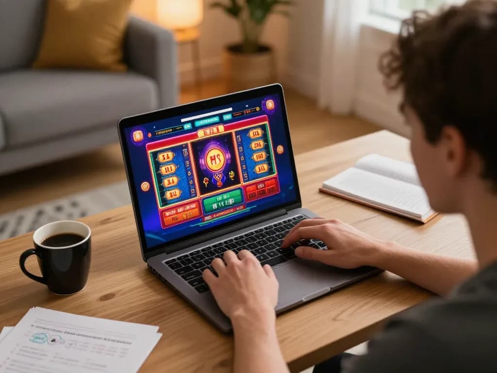 Player immersed in online gameplay at home with open88 casino interface visible on laptop
