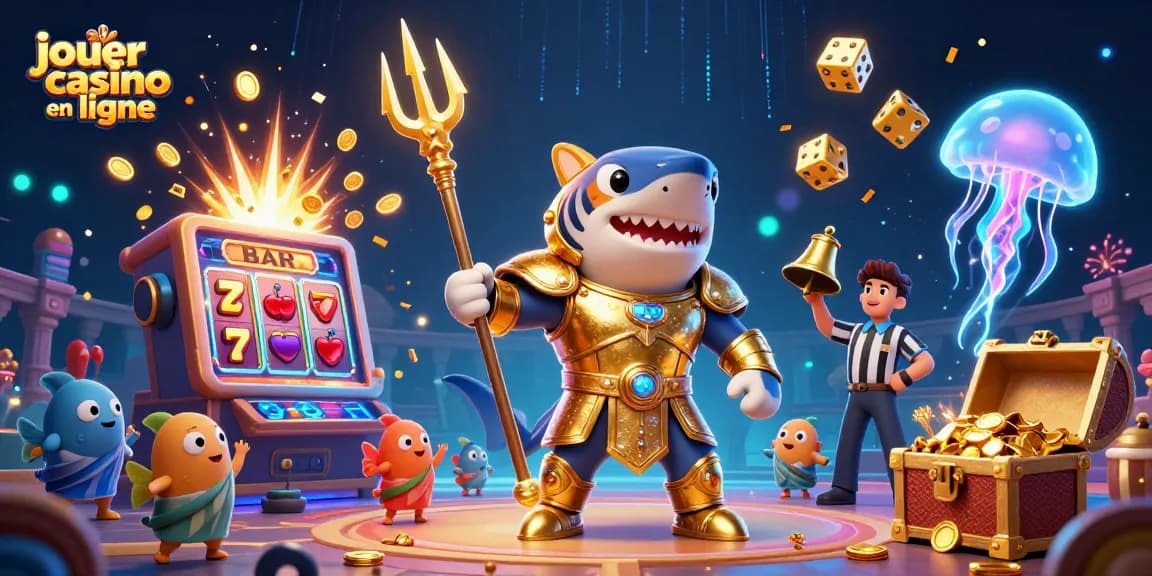 jouer au casino en ligne dans une scène animée avec un requin tigre en armure et des machines à sous.