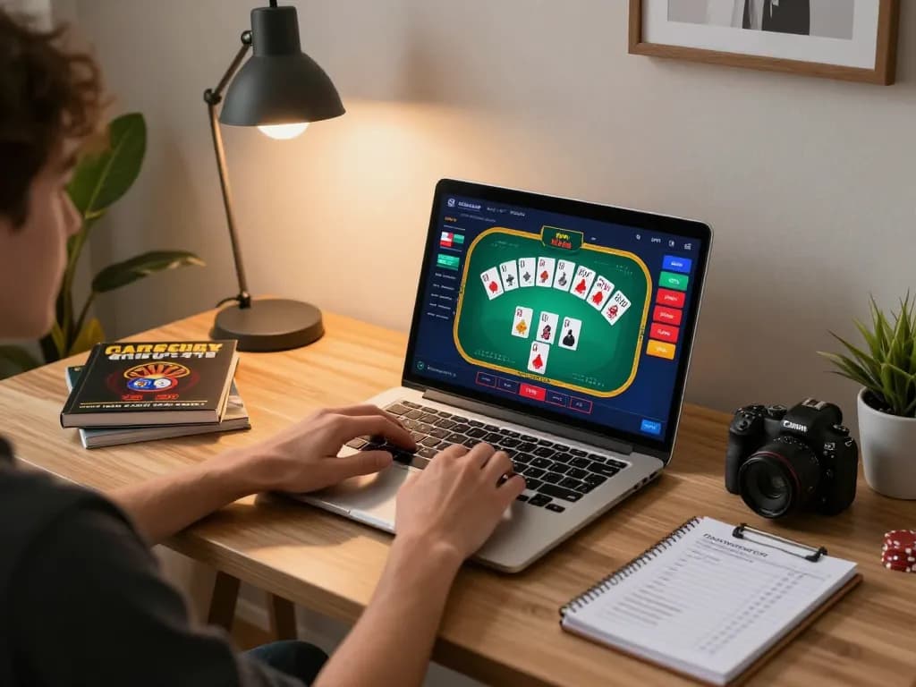 Engaging online gambling scene with a person using their laptop for 388bet poker gameplay.