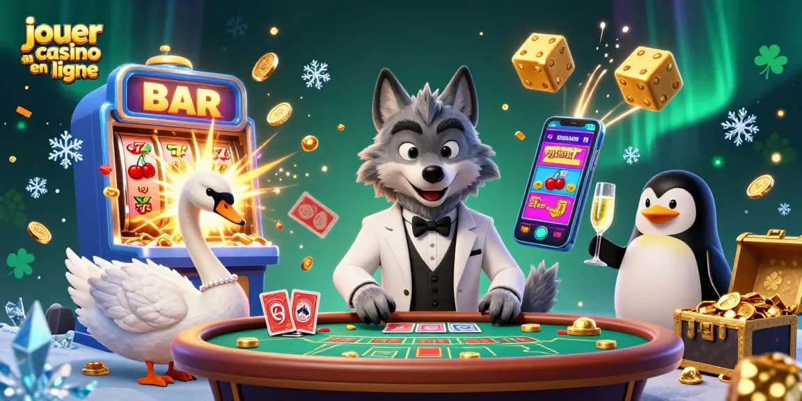 Jouer au casino en ligne avec une illustration colorée de jeux, des personnages animés et des éléments de jackpot.