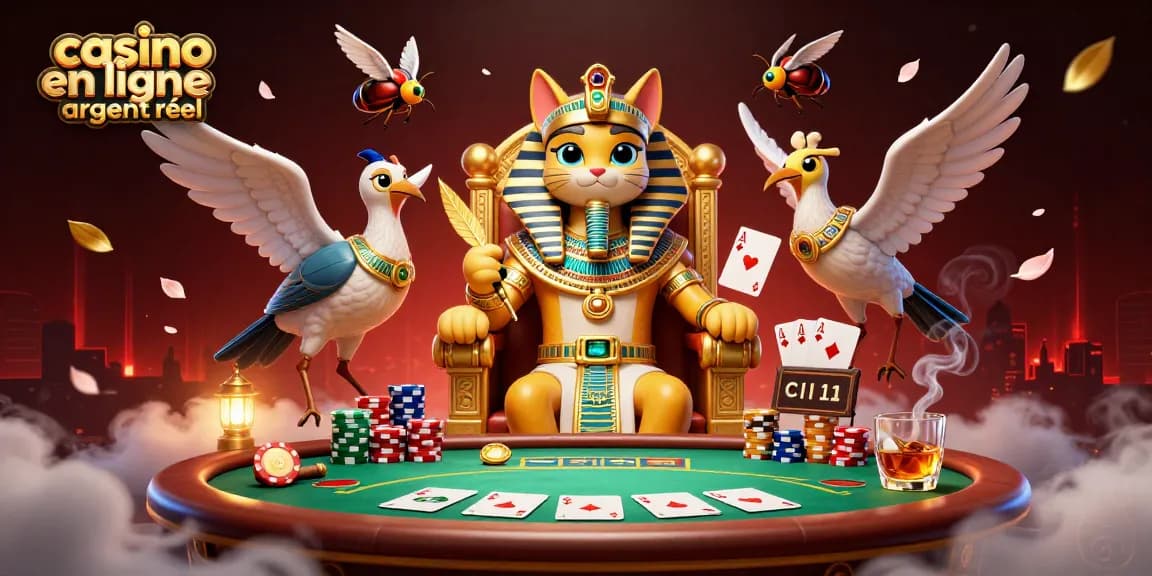 Découvrez casino en ligne argent réel avec ce visuel captivant de jeux de poker et un pharaon égyptien.