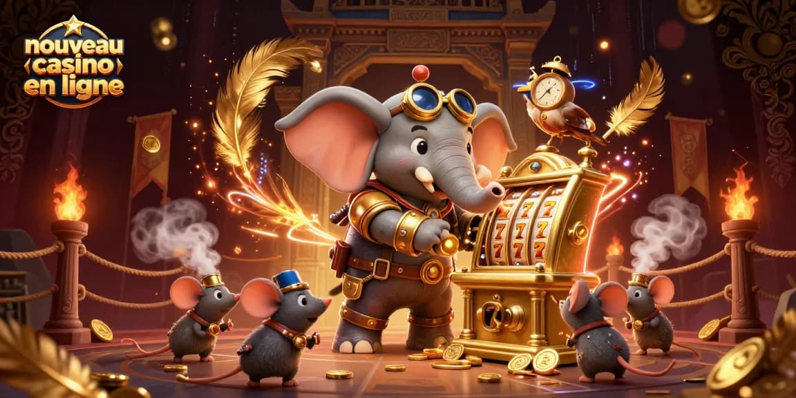 Nouveau casino en ligne: Éléphant ingénieur jouant sur une machine à sous dorée, entouré de pièces d'or.
