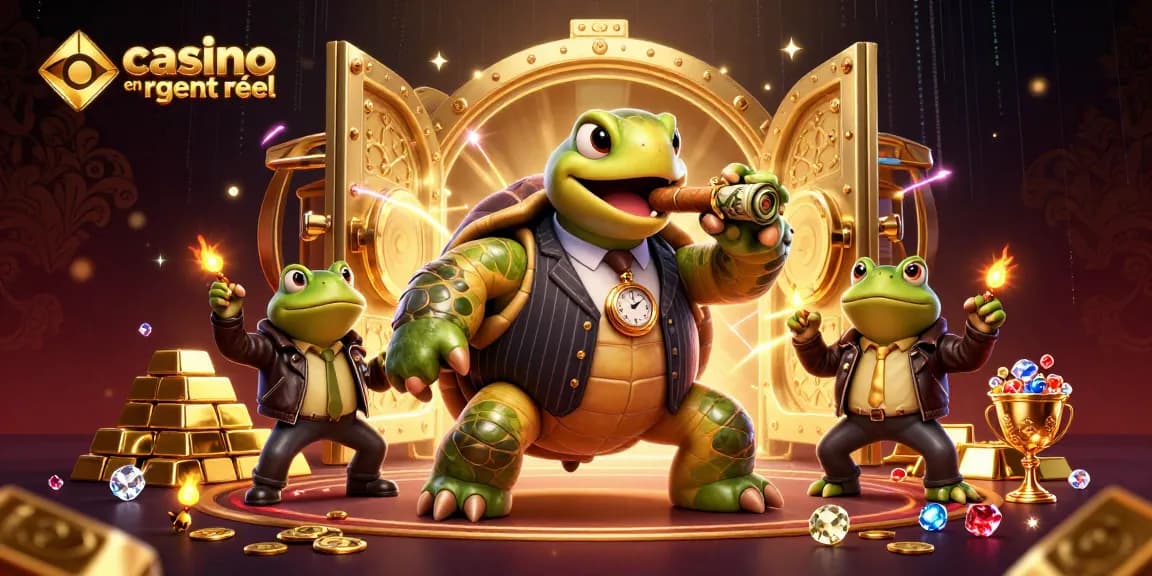 Casino en ligne argent réel : illustration dynamique d'une tortue massive en costume de gangster avec des grenouilles dans un décor luxueux.