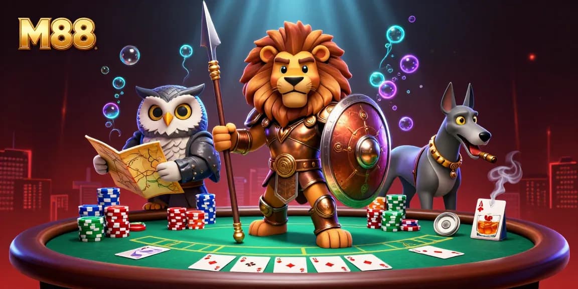 M88 showcases a vibrant illustration of a Spartan lion, an owl strategist, and a greyhound at a poker table.