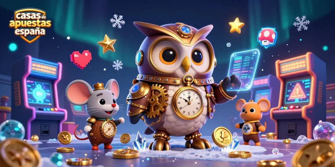 Apostar en casas de apuestas en España en 2026 con un búho steampunk y elementos de casino futuristas