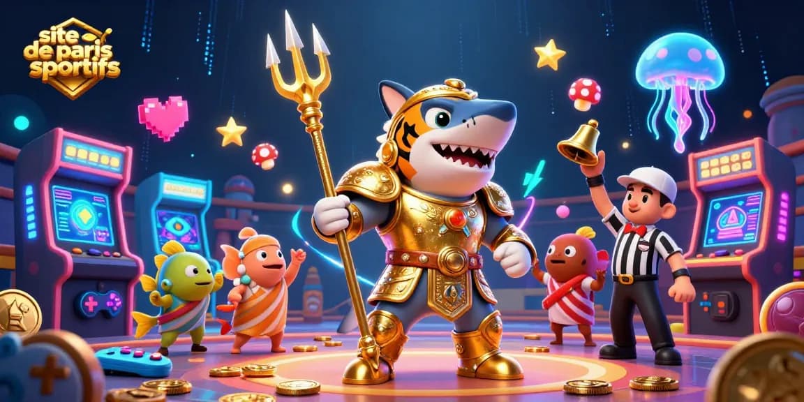 Scène dynamique de site de paris sportifs avec un requin tigré en armure dorée, machines de jeux colorées et ambiance ludique.