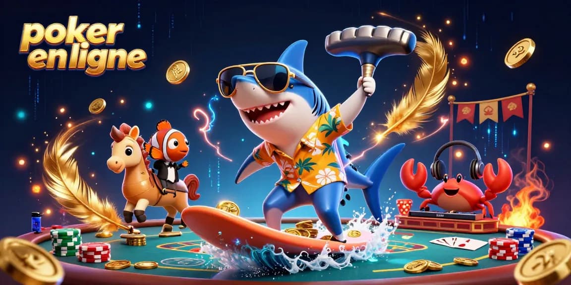 Jouez au poker en ligne avec des personnages colorés dans une scène animée remplie de détails captivants.