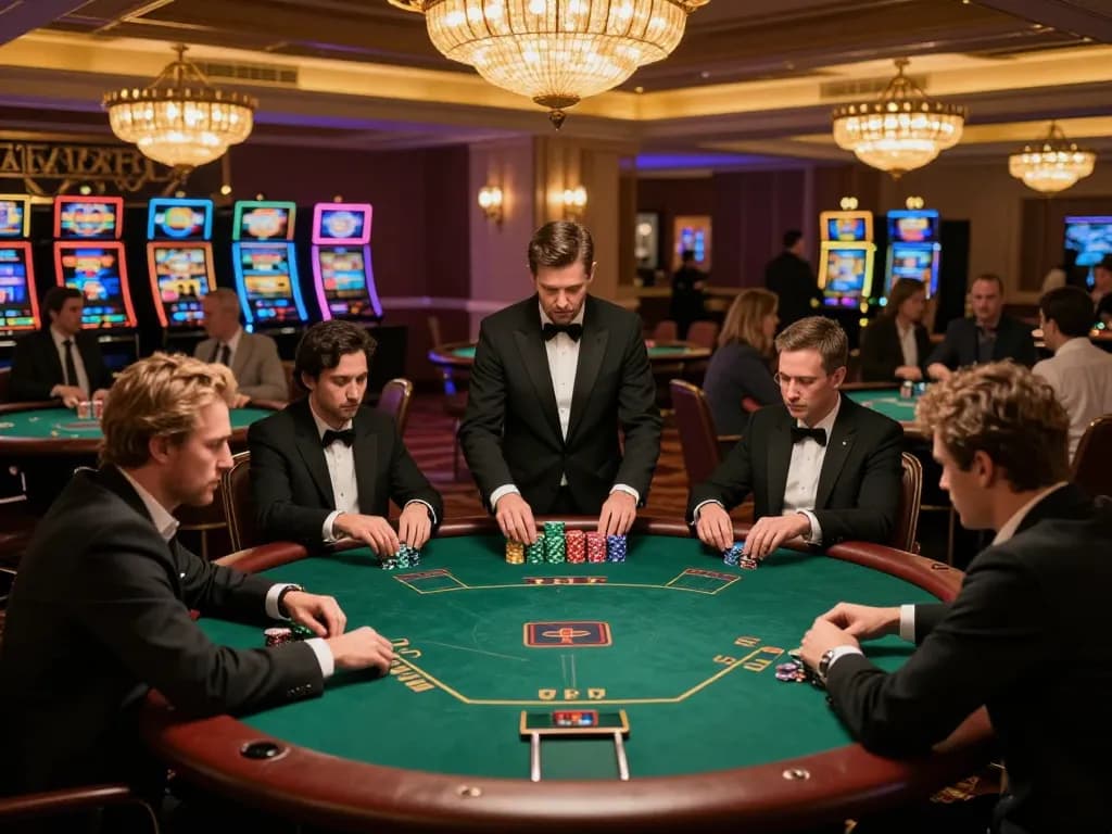 Players engage in high-stakes poker at iWin casino, showcasing strategic gameplay in an upscale environment.