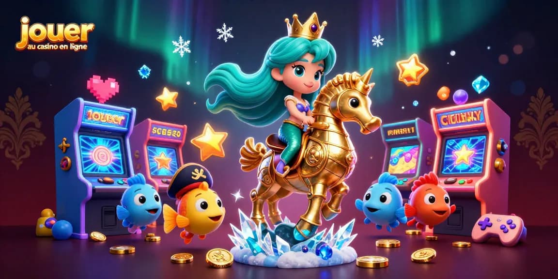 jouer au casino en ligne avec une princesse sirène et un hippocampe, entourés de machines de jeu colorées