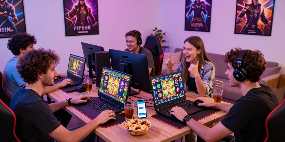 Friends enjoying slot deposit dana games on colorful gaming setup