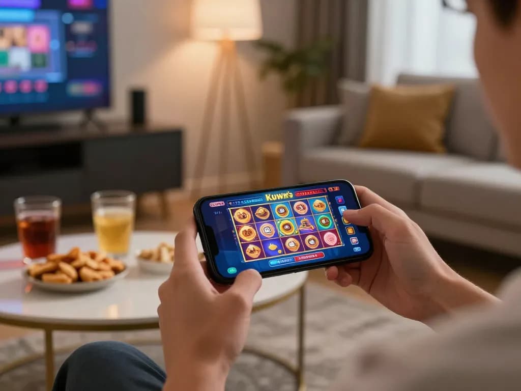 Kuwin online casino gaming on smartphone in a cozy home setting