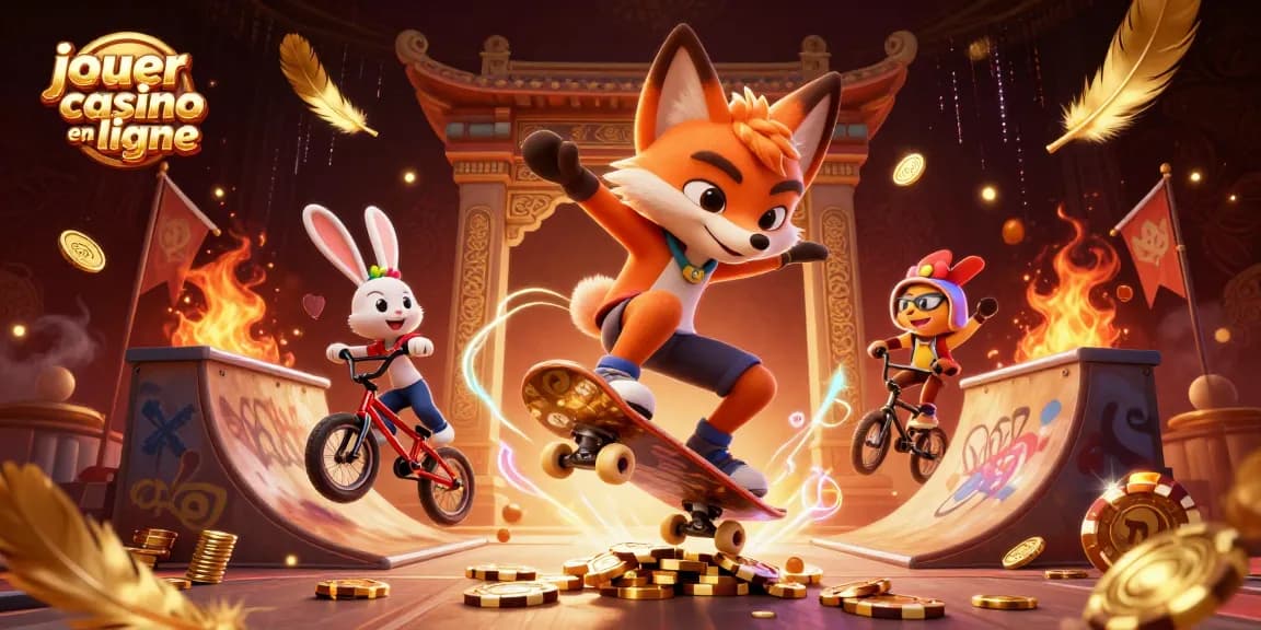 Jouer au casino en ligne avec un renard faisant un kickflip et un lapin BMX, entouré de jetons d’or.