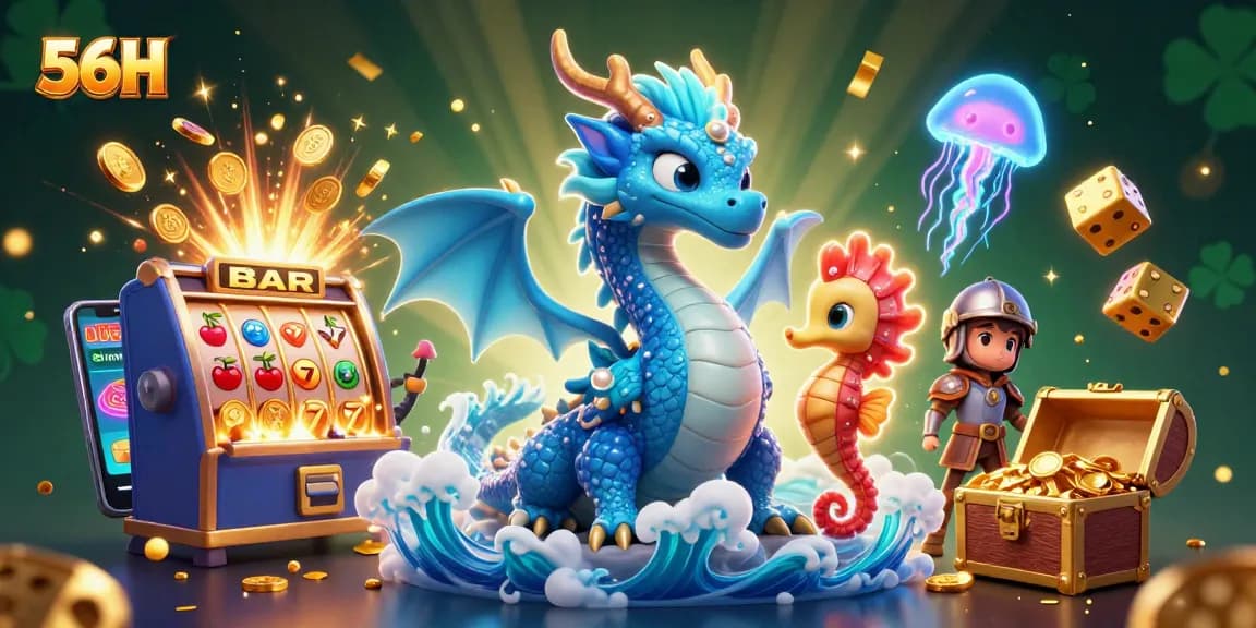 Experience thrilling gameplay with 56H's vibrant scene featuring a captivating water dragon and exciting jackpots.