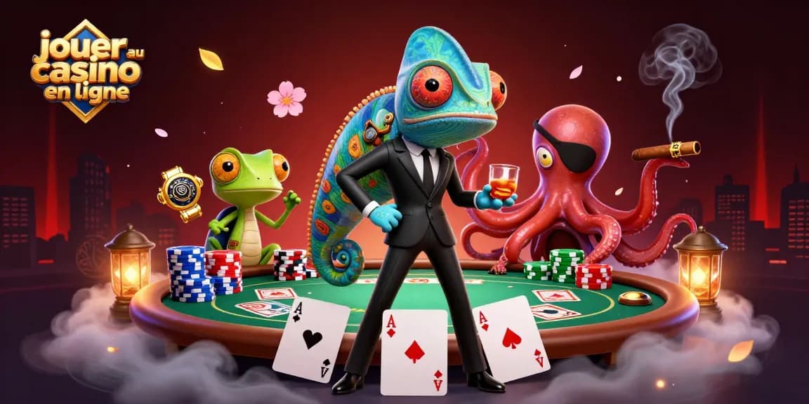 Jouer au casino en ligne avec un agent secret, un gecko technologique et une pieuvre maléfique autour d'une table de poker.