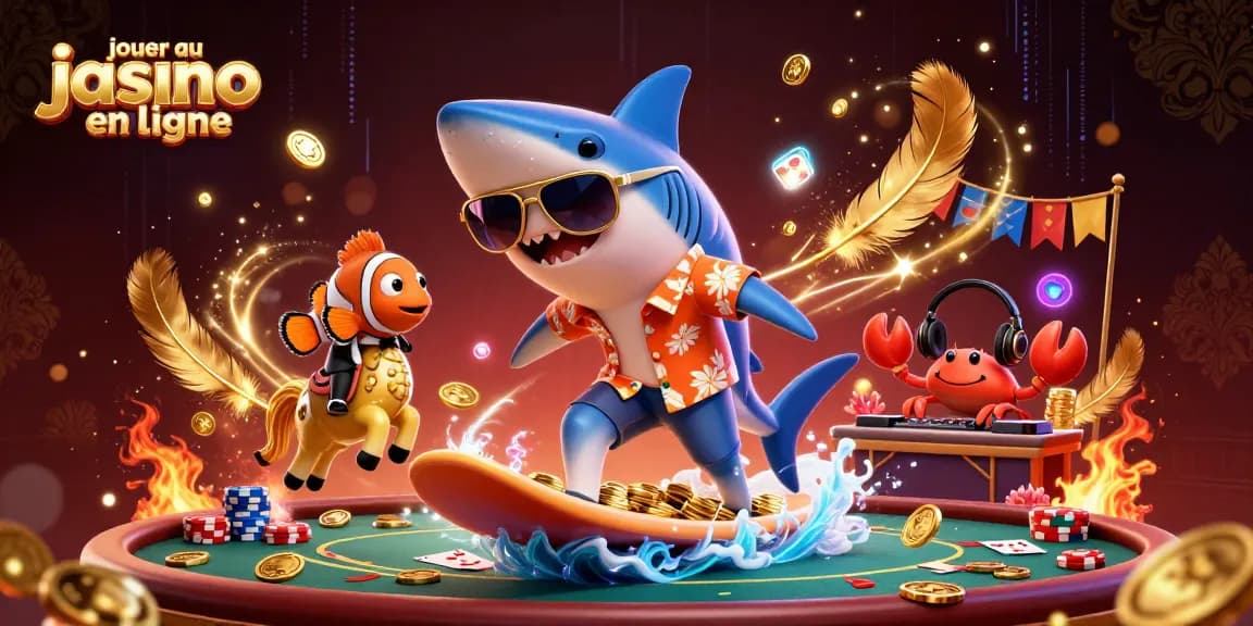 Jouer au casino en ligne avec un requin marteau sur une vague de pièces d'or, ambiance animée.