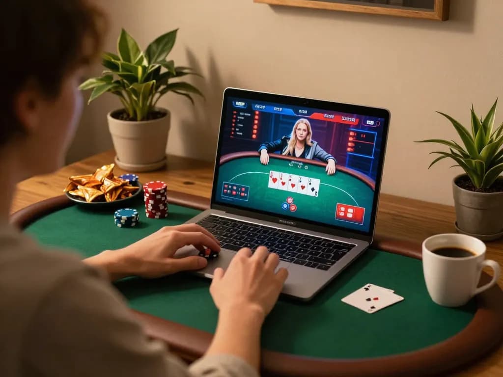Play poker on 888now in a cozy online gaming setup with a laptop and snacks