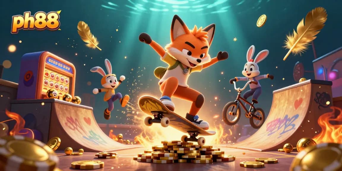 Experience exciting betting on ph88 with a skateboarder fox and a BMX-riding rabbit at a colorful casino.