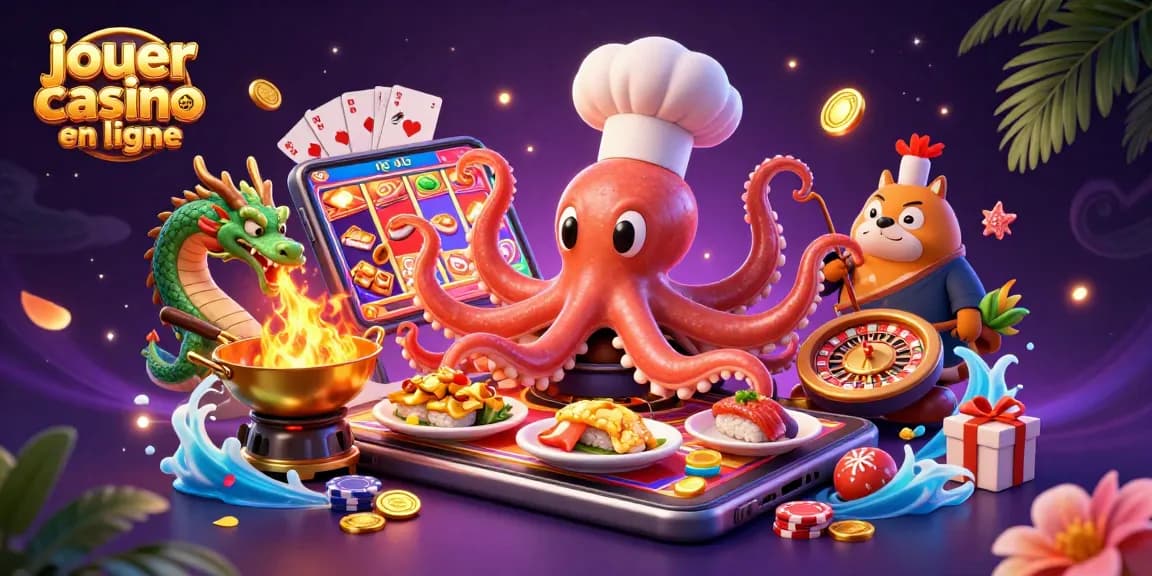 Vivez l'expérience de jouer au casino en ligne avec un chef sushi pieuvre et un dragon flamboyant.