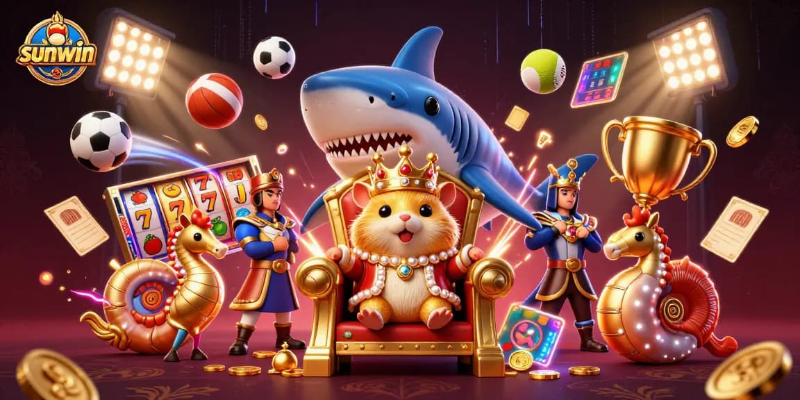 Win big with sunwin in a vibrant 3D scene featuring a golden hamster king and sports elements.