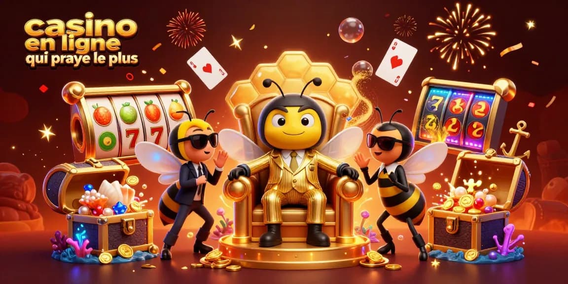 casino en ligne qui paye le plus illustre un patron de la mafia des bourdons entouré d'éléments de machines à sous et de confettis.
