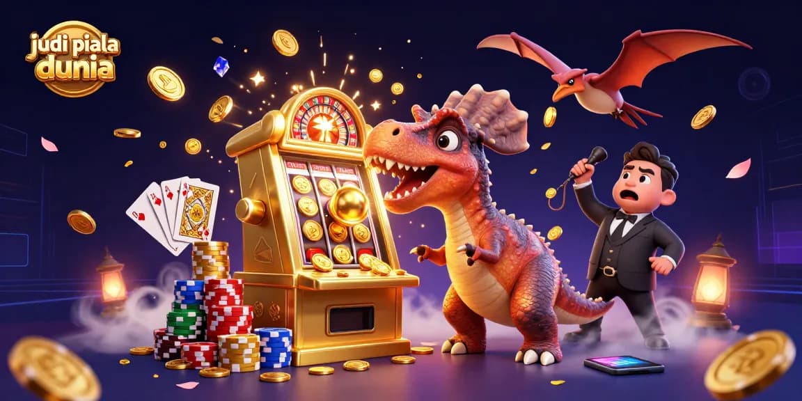 Engage in judi piala dunia with captivating visuals of slot machines and dynamic characters.