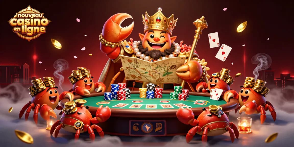 Illustration représentant un nouveau casino en ligne, avec un majestueux roi crabe en or et des éléments de poker.
