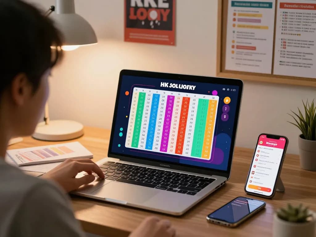 Live HK lottery results displayed on a laptop with colorful stats and a focused viewer.