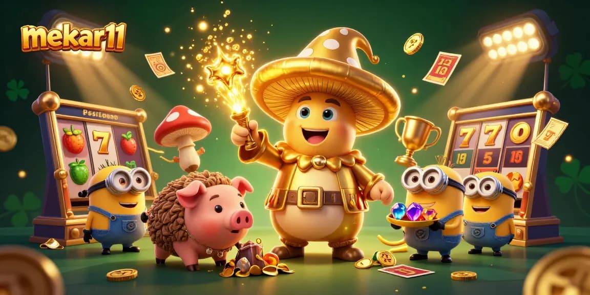 Mekar11 showcases a magical casino scene with a golden mushroom wizard transforming treasures in a vibrant slot game world.