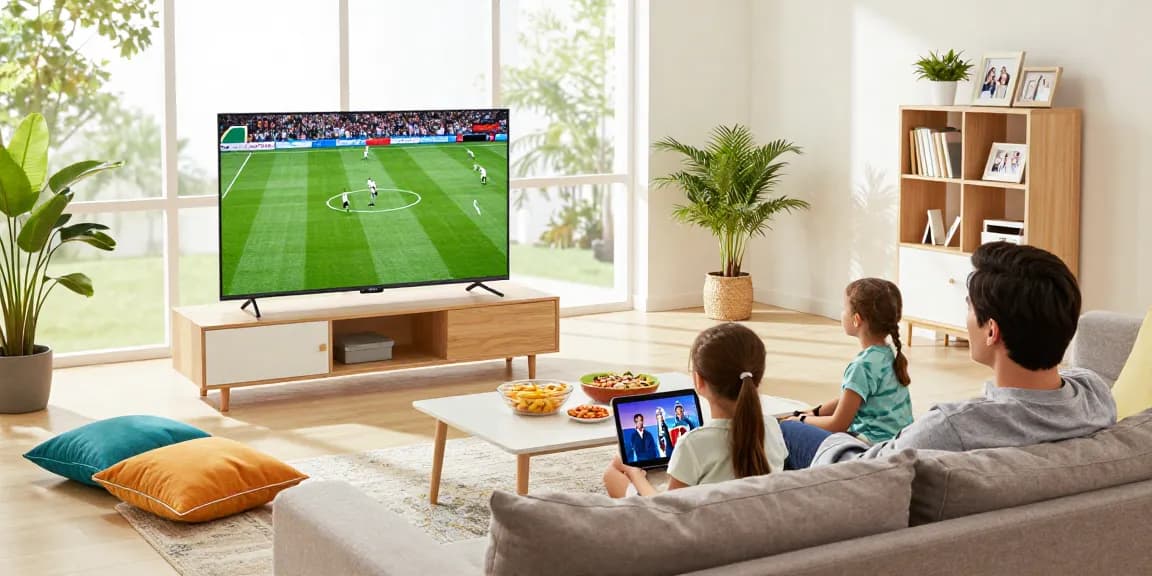 Family enjoying Iron tv streaming sports and movies in a cozy living room.