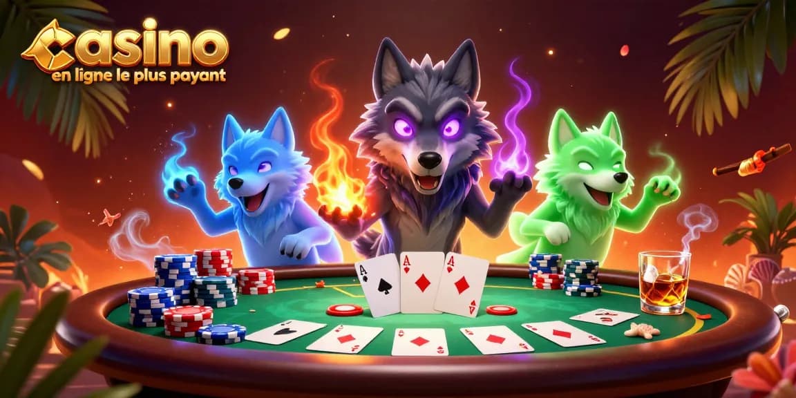 Gagnez au casino en ligne le plus payant avec des personnages de loup spectral et des éléments de poker scintillants.
