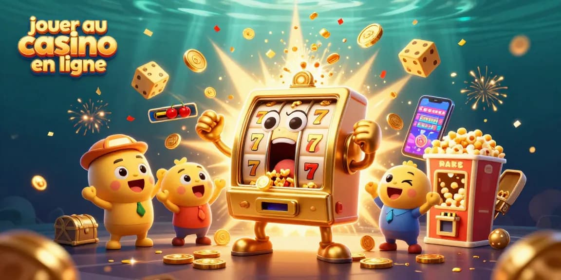 Jouez au casino en ligne avec des machines à sous dorées célébrant un jackpot.