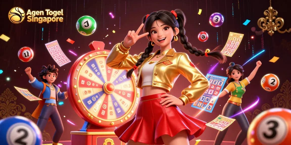 Agen Togel Singapore showcases vibrant lottery dynamics with colorful balls and spinning prizes.