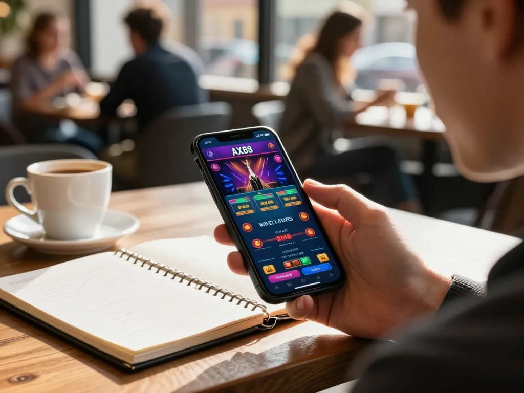 A user engages with the AX88 app, enjoying live dealer games in a café setting, showcasing mobile gaming strategy.