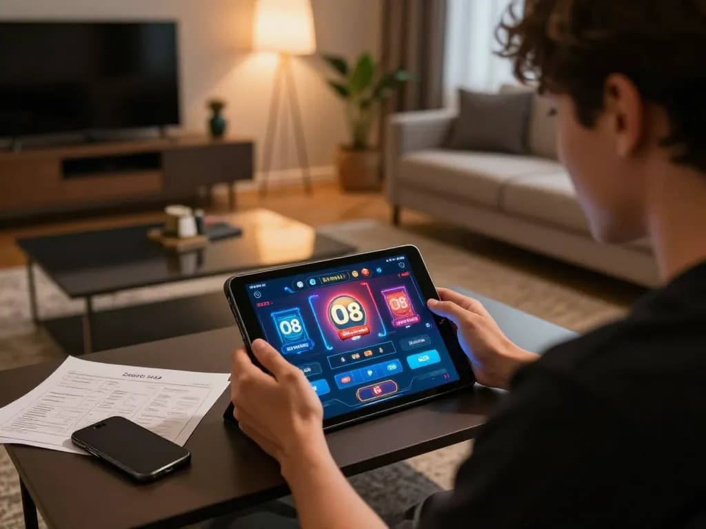Engaging with the O8 casino app on a tablet, showcasing active online gameplay in a cozy living room