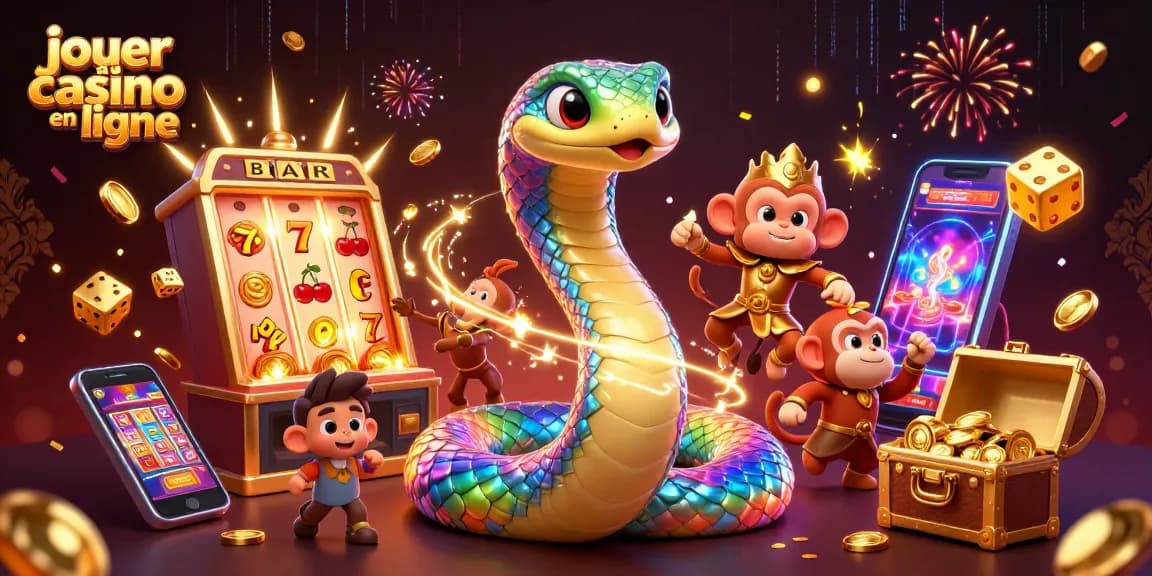 Jouer au casino en ligne avec une machine à sous explosive et un serpent arc-en-ciel en arrière-plan.