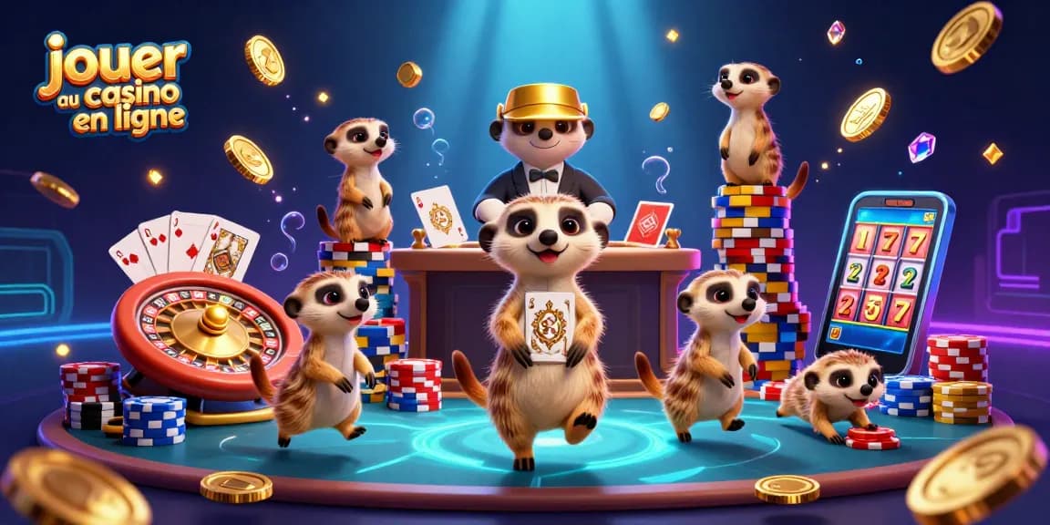 Jouer au casino en ligne avec une scène animée de suricates et des éléments de jeu pétillants.