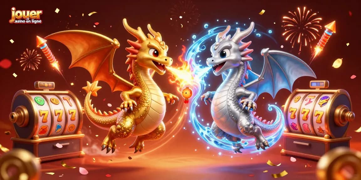 Jouer au casino en ligne avec deux dragons 3D, des machines à sous et des feux d'artifice.