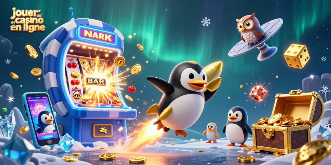 jouer au casino en ligne avec un pingouin doré propulsé par fusée et des machines à sous explosant de pièces