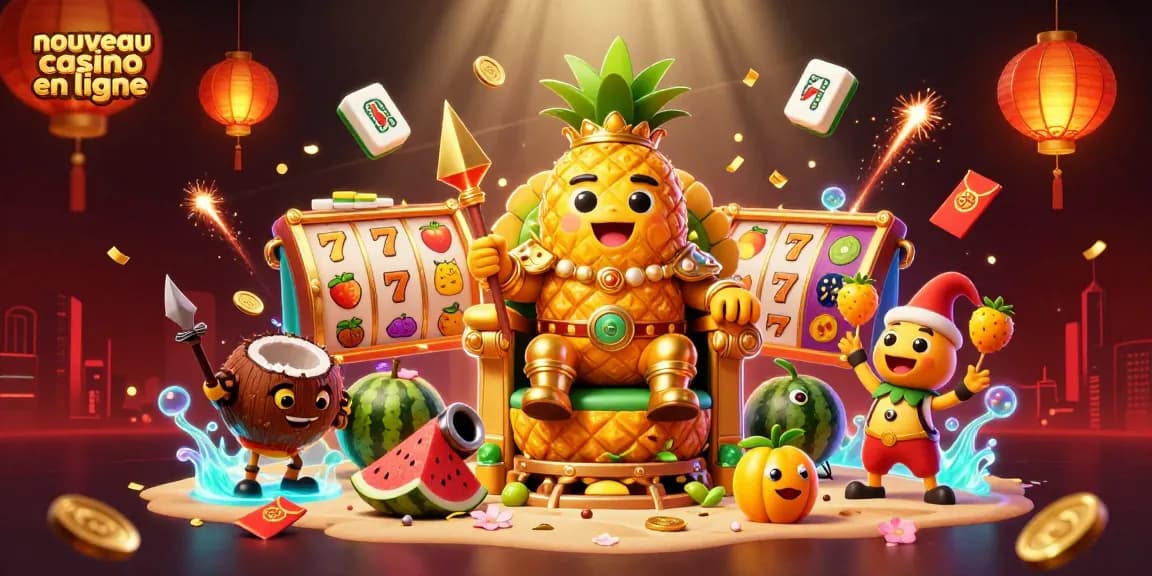 Scène animée d'un nouveau casino en ligne avec le roi ananas, symbolisant le plaisir des jeux d'argent.