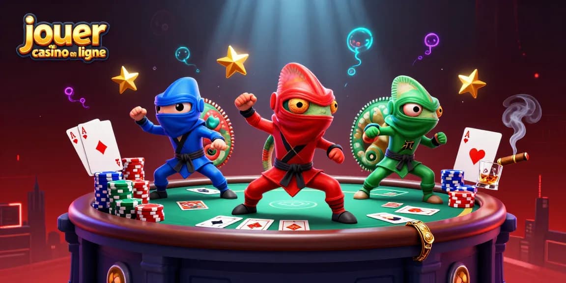 Découvrez comment jouer au casino en ligne avec des caméléons ninja dans une illustration dynamique et colorée.