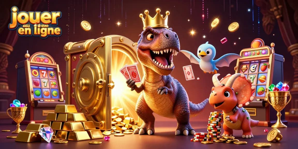Jouez au casino en ligne avec un T-Rex tentant de mélanger des cartes pendant qu'un ptérosaure aide, illustré dans un monde extravagant.