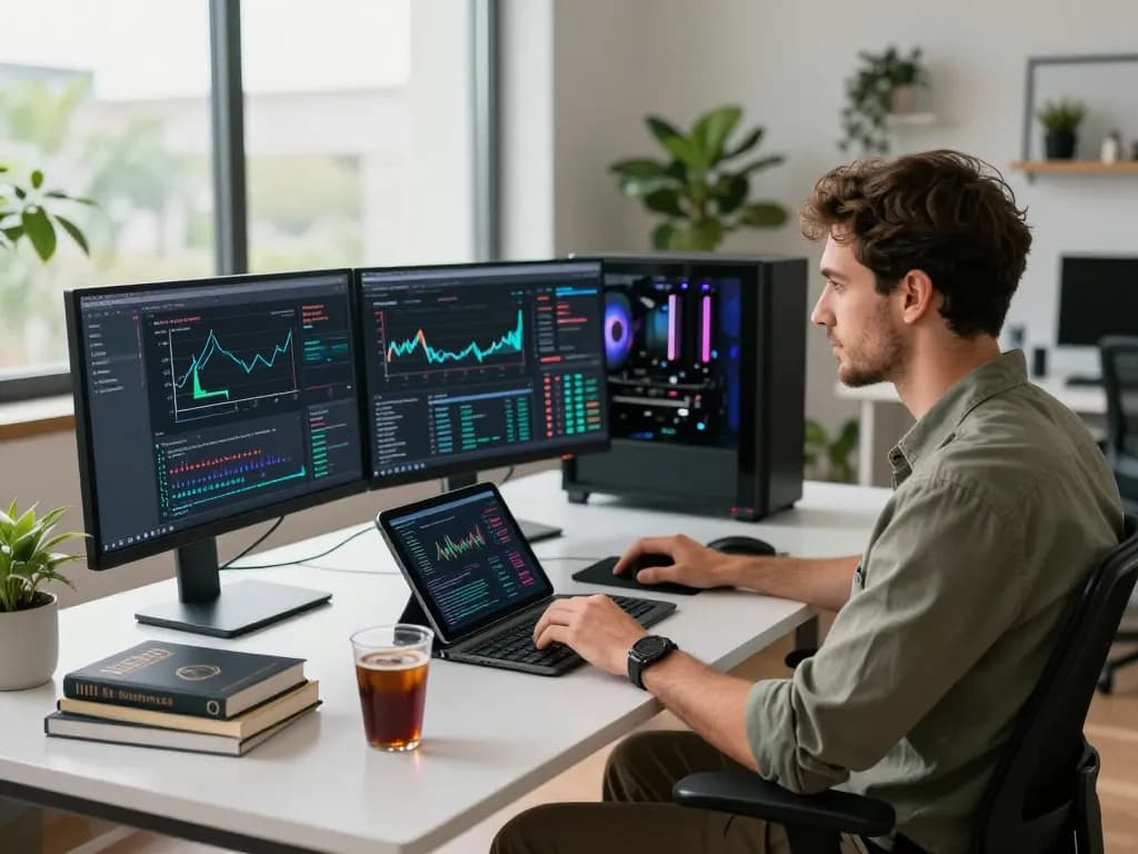 Expert engineer at a digital asset mining platform workspace analyzing complex cryptocurrency algorithms and trends in 2026.