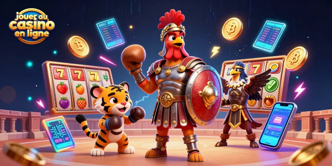 Jouer au casino en ligne dans une illustration 3D, avec des personnages de gladiateur et des éléments de jeu.