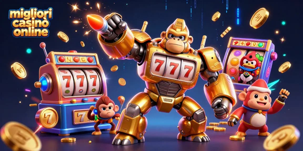 I migliori casinò online presentano un gorilla meccanico d'oro e simboli di slot in un'illustrazione vivace.